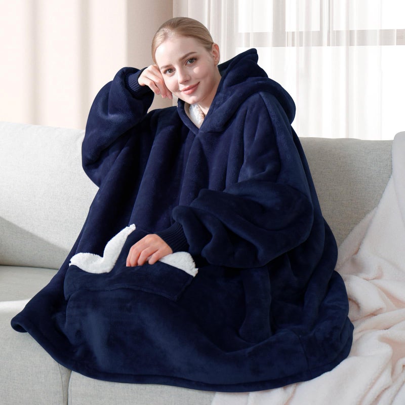 Touchat Wearable Blanket Hoodie, Oversized Sherpa Blanket Sweatshirt with Hood Pocket and Sleeves, Super Soft Warm Comfy Plush Hooded Blanket for Adult Women Men, One Size Fits All (NavyBlue) - Image 3